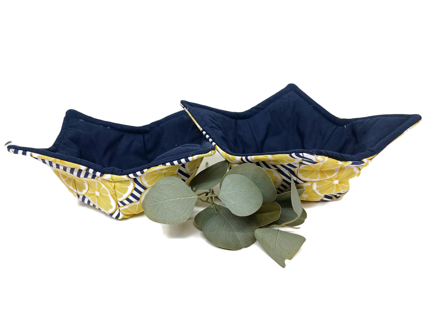 Bowl Cozy Microwave Safe Cotton Soup Hot Bowl Pot Holder in a Blue Lemon and Solid Navy Blue Fabric Print