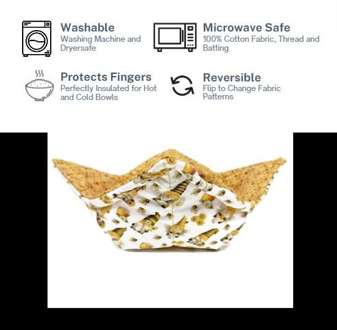 Bowl Cozy Microwave Safe Cotton Hot Soup Bowl Pot Holder in a Reversible Miniature Bee Gnome and Honey Comb Fabric Print