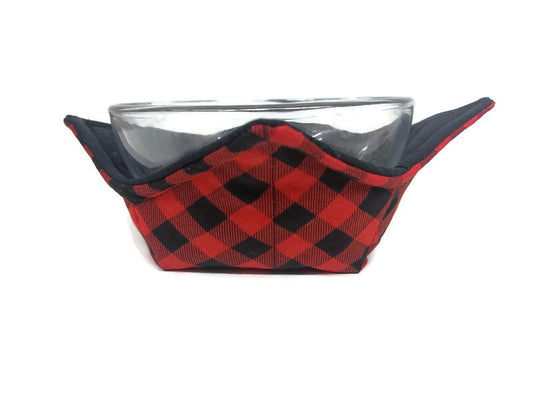 Bowl Cozy Microwave Safe Cotton Soup Hot Bowl Pot Holder in a Buffalo Plaid and Solid Black Fabric Print