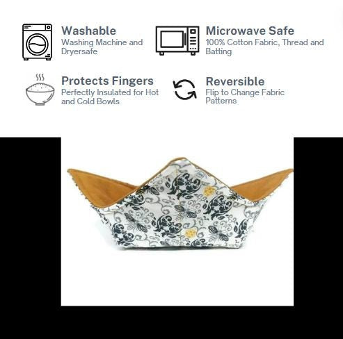 Bowl Cozy Microwave Safe Cotton Hot Soup Bowl Pot Holder in a Reversible Bee with Grey Scroll and Mustard Yellow Fabric Print