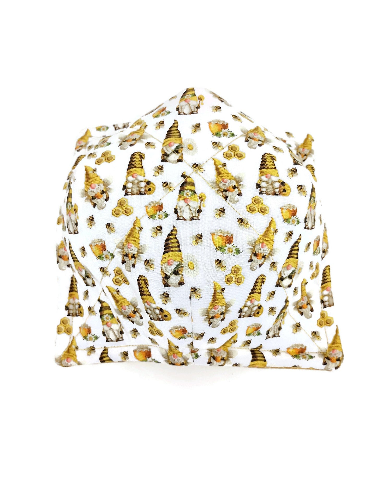 Bowl Cozy Microwave Safe Cotton Hot Soup Bowl Pot Holder in a Reversible Miniature Bee Gnome and Honey Comb Fabric Print