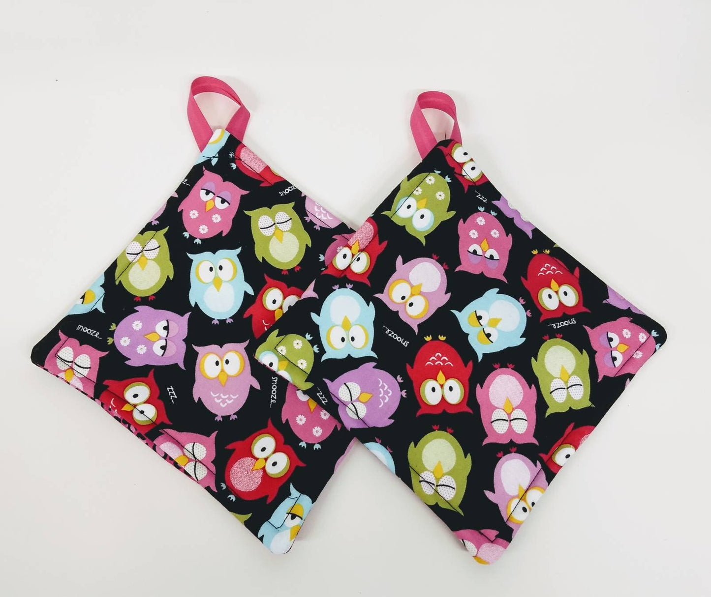 Pot holder for kitchen Pot Holder Set Oven Hot Pad Pot Holder for Cooking or Baking in a Black Owl and Pink Leopard Fabric Print