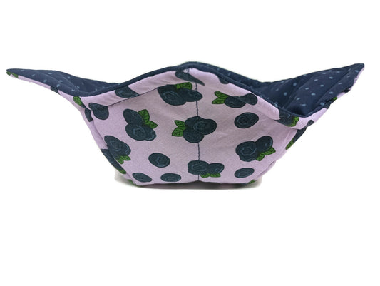 Bowl Cozy Microwave safe Cotton Hot Soup Bowl Pot Holder in a Blueberry and polka dot fabric print