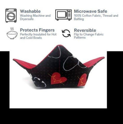 Bowl Cozy Microwave Safe Cotton Soup Hot Bowl Pot Holder in a Nursing Heartbeat and Solid Red Fabric Print