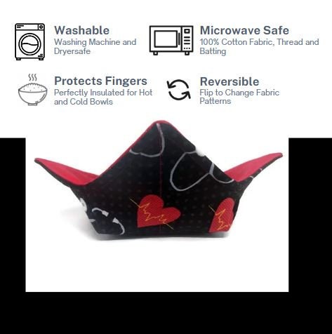 Bowl Cozy Microwave Safe Cotton Soup Hot Bowl Pot Holder in a Nursing Heartbeat and Solid Red Fabric Print