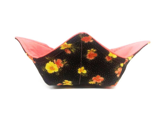 Bowl Cozy Microwave Safe Cotton Soup Hot Bowl Pot Holder in a Reversible Tropical Hibiscus and Peach Fabric Print