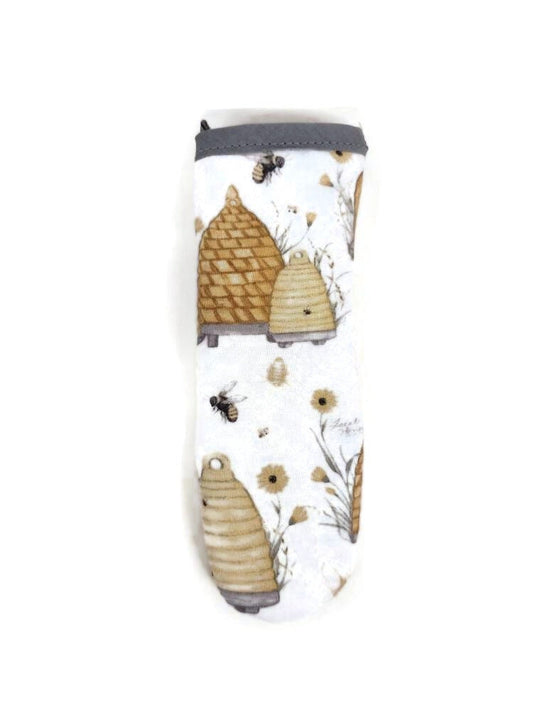 Cast  Iron Skillet Handle, Potholder Handle Cover in a Country Bee Hive Fabric Print - Washable