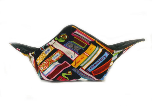 Bowl Cozy Microwave Safe Cotton Hot Soup Bowl Pot Holder in a Reversible Books with Bookworms and Solid Black Fabric Print