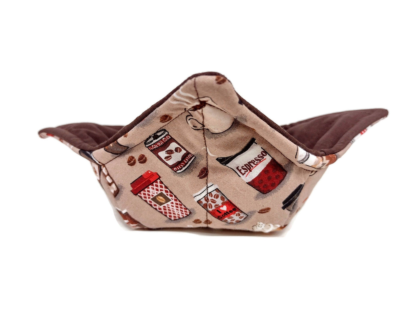 Bowl Cozy Microwave Safe Cotton Soup Hot Bowl Pot Holder in a Latte Iced Coffee and Solid Brown Fabric Print