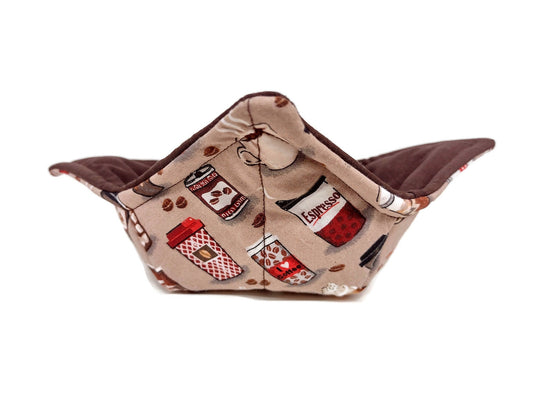 Bowl Cozy Microwave Safe Cotton Soup Hot Bowl Pot Holder in a Latte Iced Coffee and Solid Brown Fabric Print