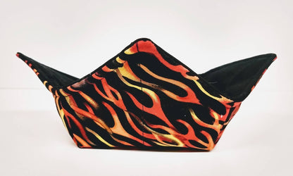 Bowl Cozy Microwave Safe Cotton Hot Soup Bowl Pot Holder in a Reversible Hot Flame and Solid Black Fabric Print