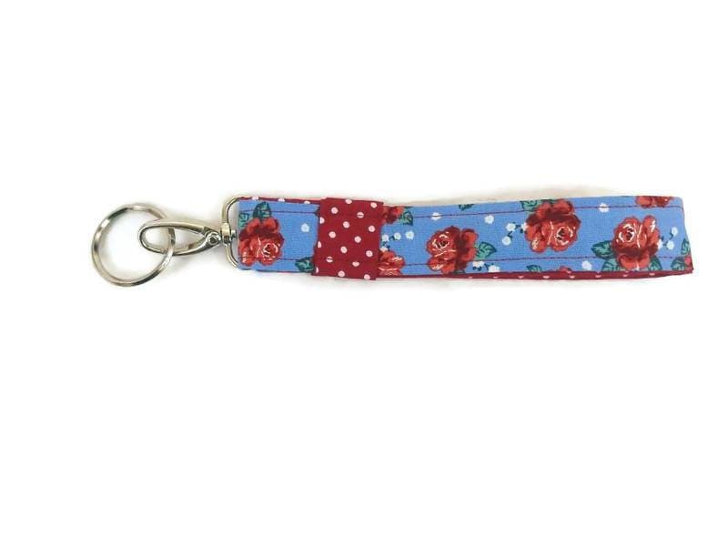 Fabric Lanyard KeyChain in a Roses and Polka Dot Fabric Print by Sewuseful Studios