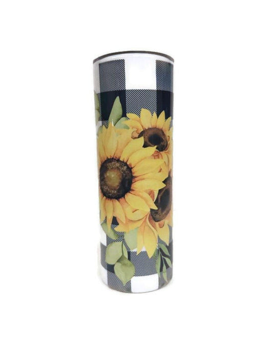 Skinny double walled 20oz tumbler with lid Plaid Sunflower Bouquet.