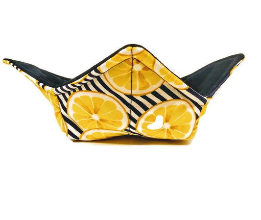 Bowl Cozy Microwave Safe Cotton Soup Hot Bowl Pot Holder in a Blue Lemon and Solid Navy Blue Fabric Print