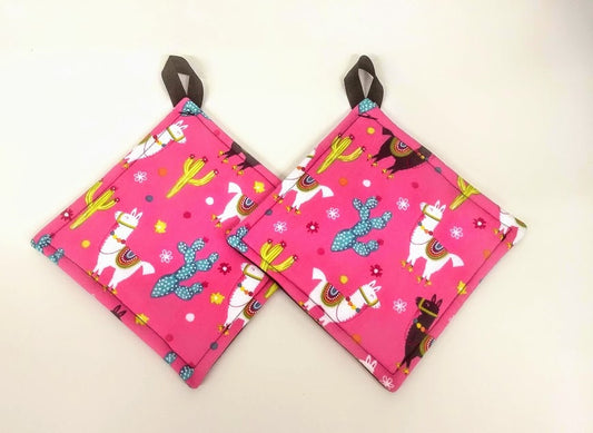 Pot holder for kitchen Pot Holder Set Oven Hot Pad Pot Holder for Cooking or Baking in a Pink Llama Fabric Print
