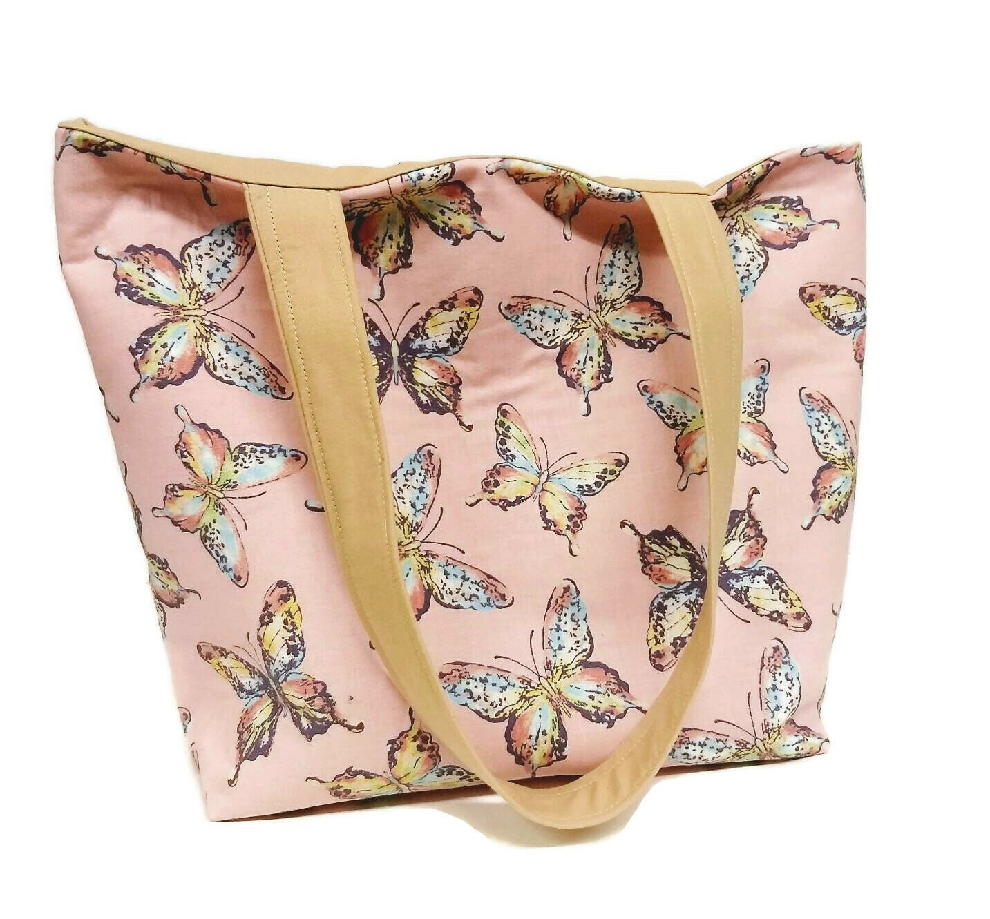 Pink Princess Butterfly Beach Bag or Tote Bag with Pocket