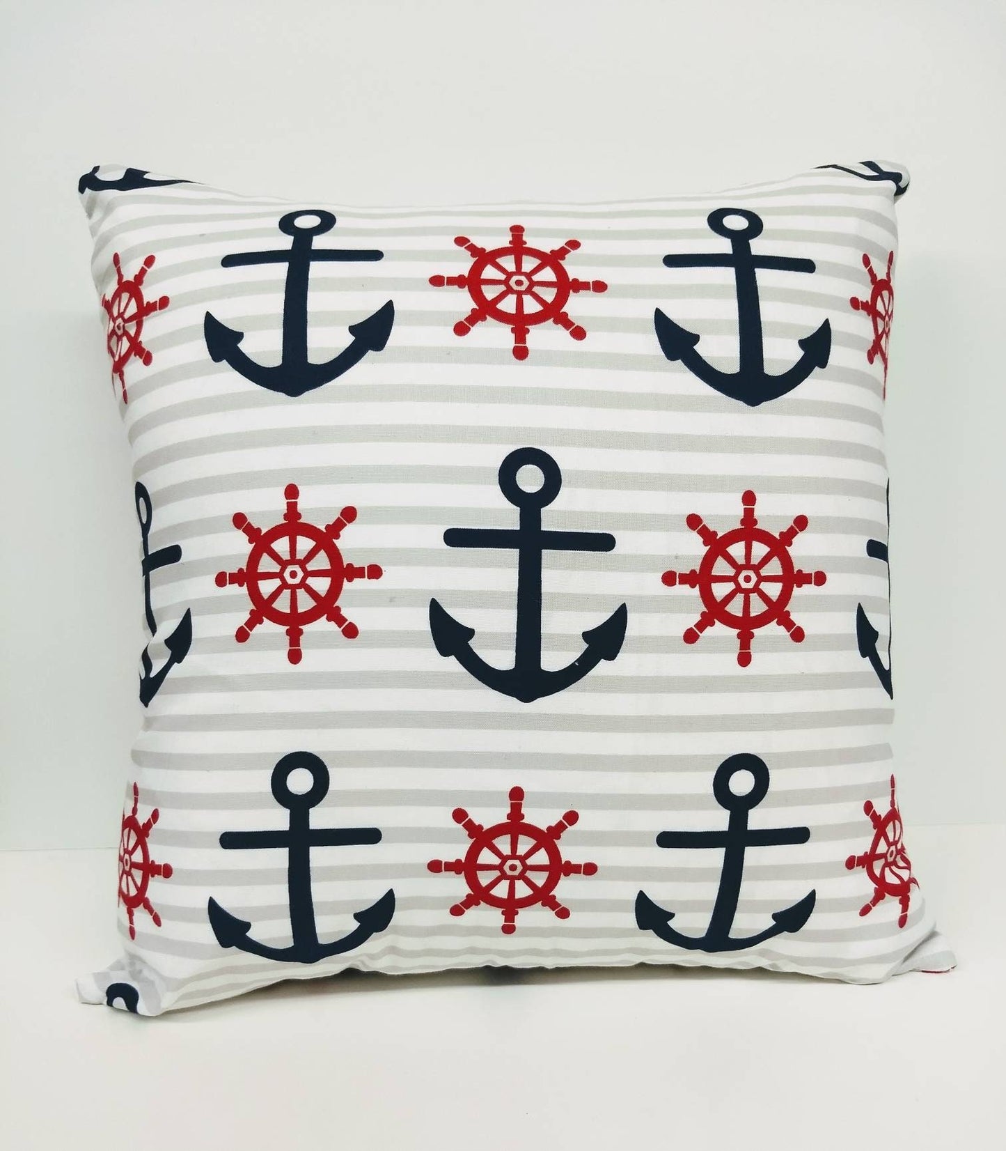 16 x 16 inch Nautical Anchor and wheel stripped throw pillow with invisible zipper