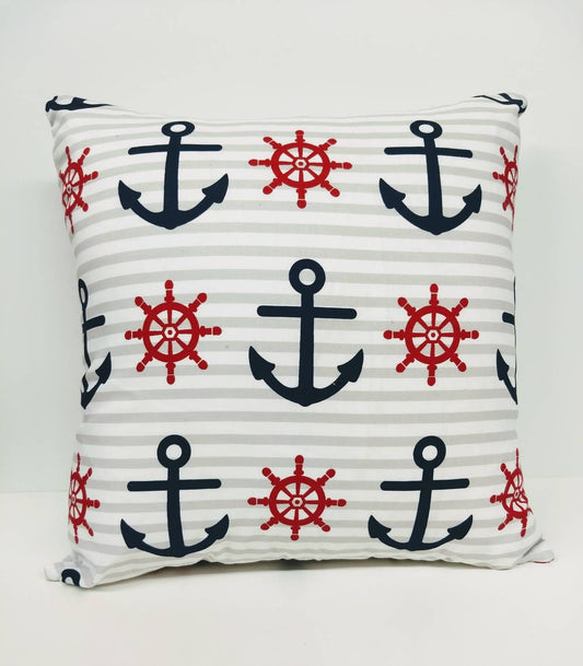 16 x 16 inch Nautical Anchor and wheel stripped throw pillow with invisible zipper