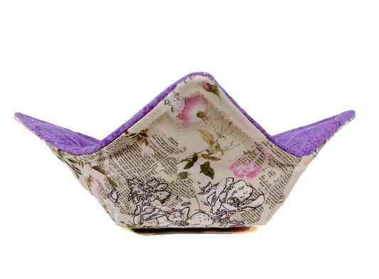 Bowl Cozy Microwave Safe Cotton Soup Hot Bowl Pot Holder in a Fine Print Flower and Light Purple Fabric Print