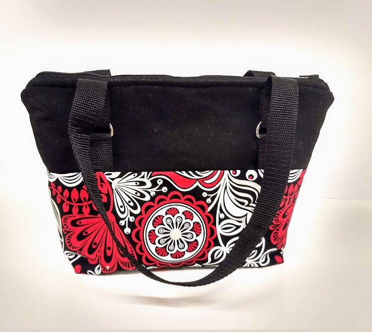 Red and Black Abstract Flower lined insulated zip top lunch bag or sack with straps