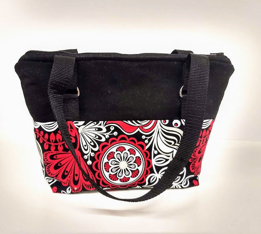 Red and Black Abstract Flower lined insulated zip top lunch bag or sack with straps