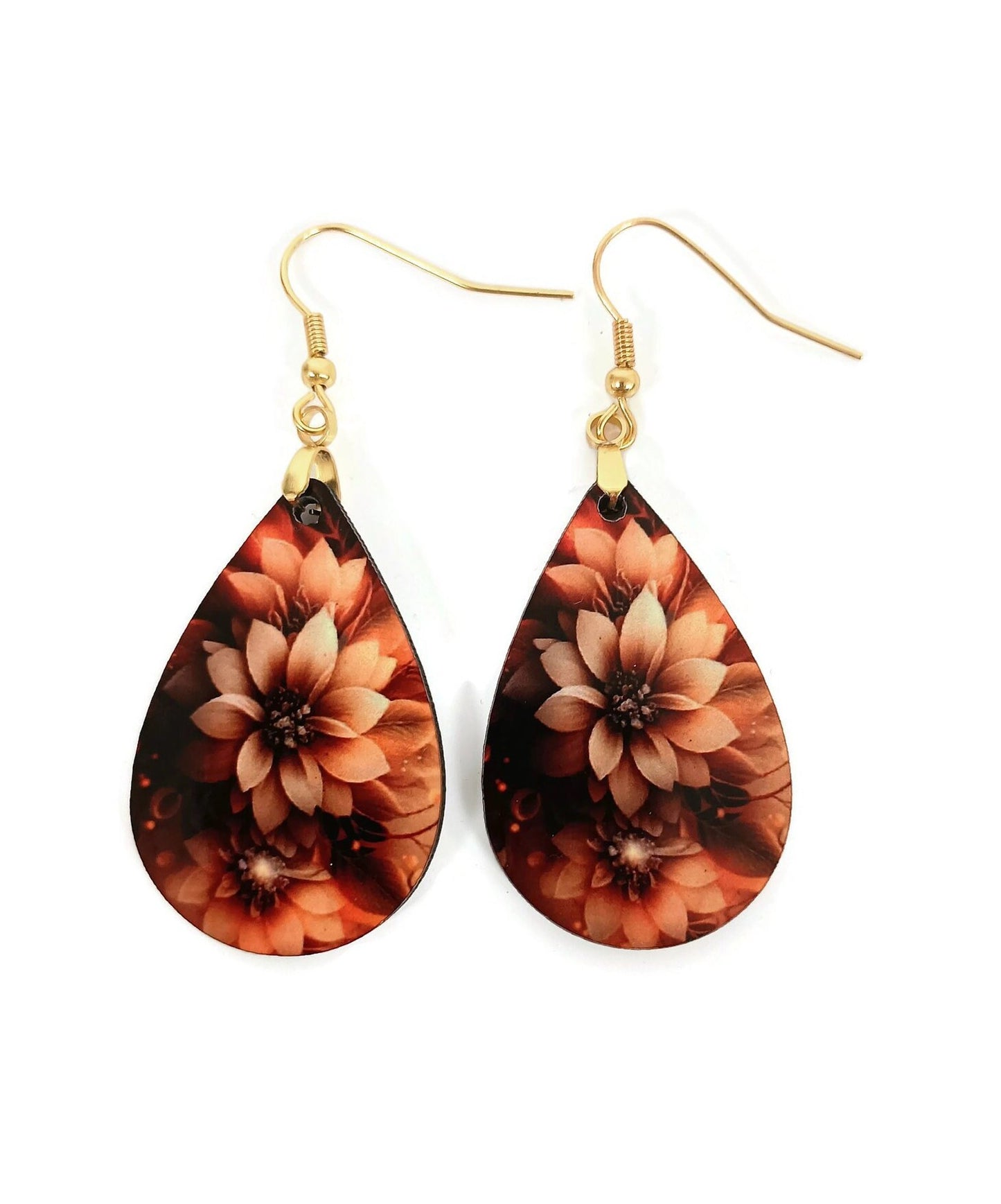 Dangle Drop Earrings in a Tear Drop Shape with a Firey Flower Design by Sewuseful Studios LLC