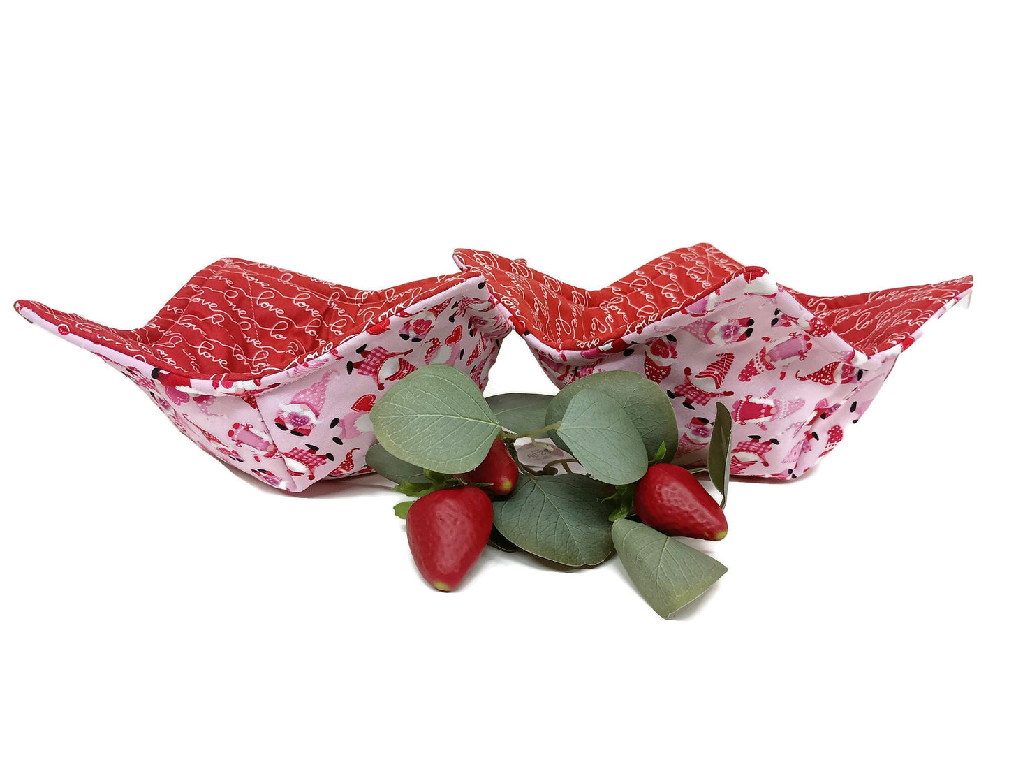 Bowl Cozy Valentines Day Microwave Safe Cotton Hot Soup Bowl Pot Holder in a Miniature Gnome and Love Fabric Print