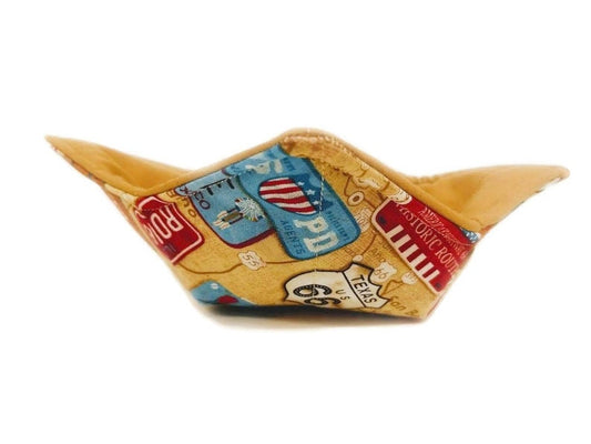 Bowl Cozy Microwave Safe Cotton Soup Hot Bowl Pot Holder in a Historic Street Sign and Solid Tan Fabric Print