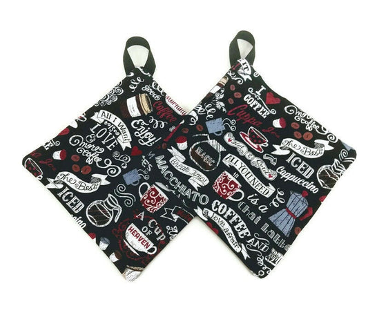 Pot holder for kitchen Pot Holder Set Oven Hot Pad Pot Holder for Cooking or Baking in a Black Graffiti Coffee Fabric Print