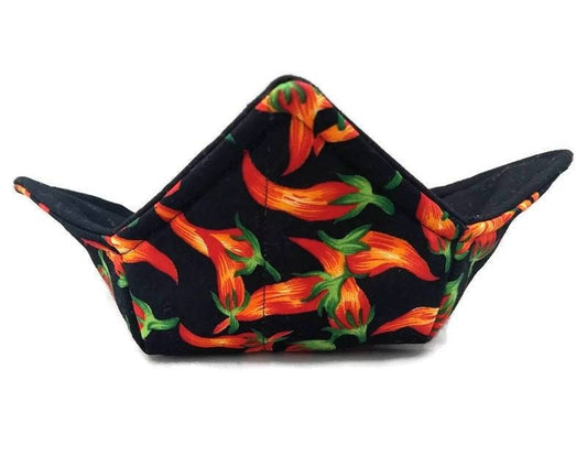 Bowl Cozy Microwave Safe Cotton Hot Soup Bowl Pot Holder in a Reversible Red Chili Pepper Fabric Print