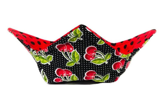 Bowl Cozy Microwave Safe Cotton Soup Hot Bowl Pot Holder in a Black and White Cherry Fabric Print