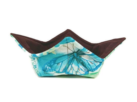 Bowl Cozy Microwave Safe Cotton Hot Soup Bowl Pot Holder in a Reversible Teal Butterfly and Solid Brown Fabric Print