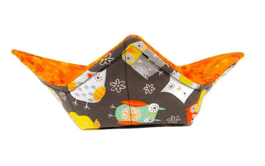 Bowl Cozy Microwave Safe Cotton Hot Soup Bowl Pot Holder in a Grey Owl Fabric Print
