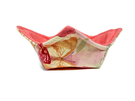 Bowl Cozy Microwave Safe Cotton Soup Hot Bowl Pot Holder in a Peach Butterfly and Solid Peach Fabric Print