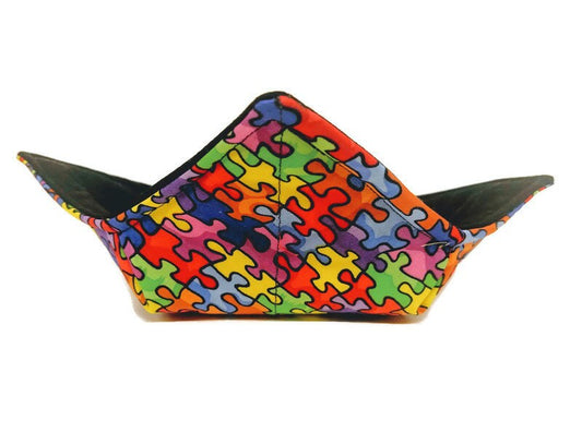 Bowl Cozy Microwave Safe Cotton Hot Soup Bowl Pot Holder in a Multicolored Puzzle Piece and Solid Black Fabric Print