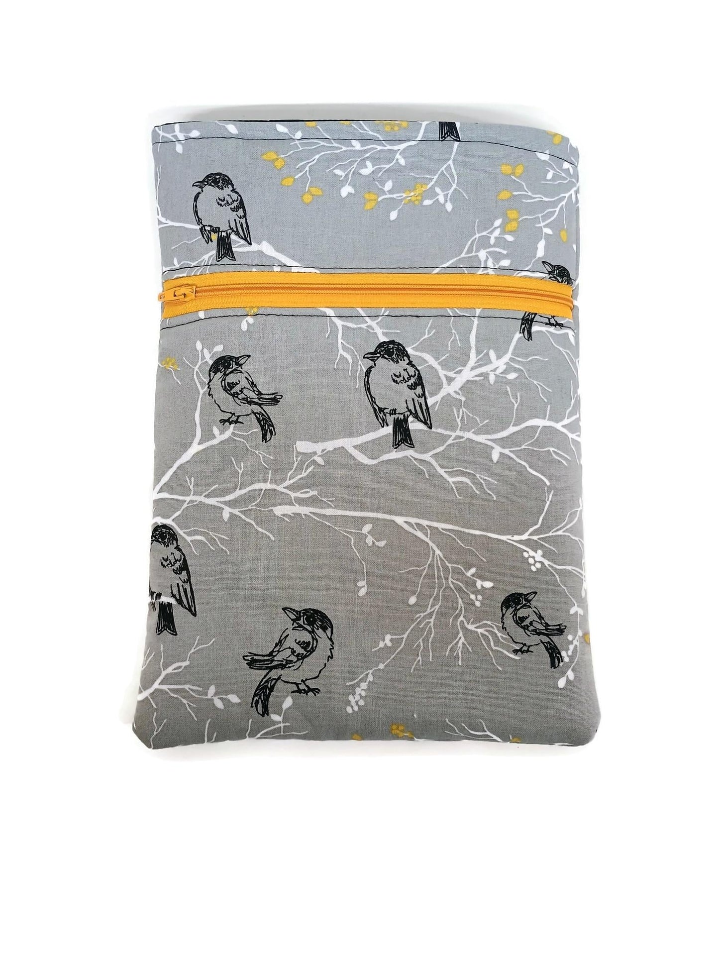 Tablet Sleeve case with Zipper Pocket in a Grey Bird with Gold Leaf Fabric Print