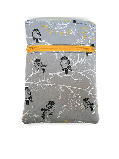 Tablet Sleeve case with Zipper Pocket in a Grey Bird with Gold Leaf Fabric Print