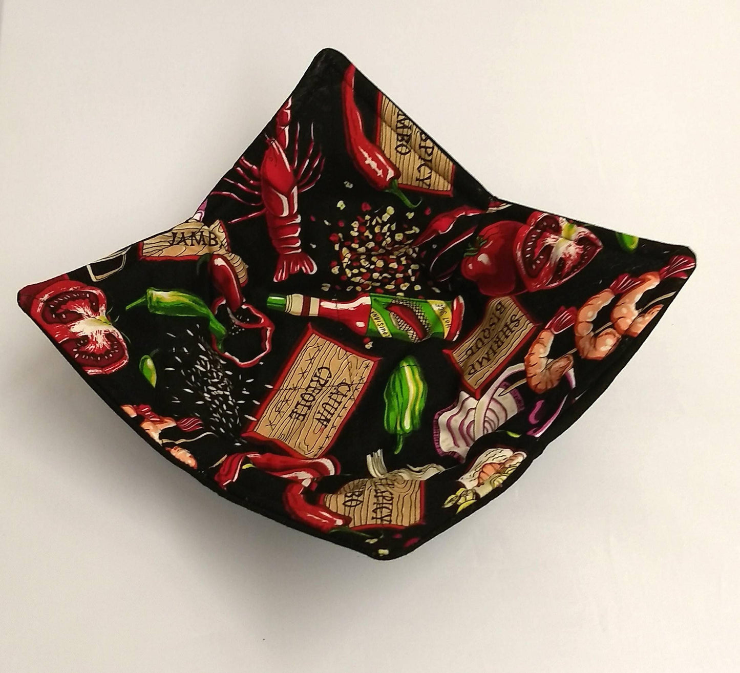 Bowl Cozy, Microwave Safe Cotton Soup Hot Bowl Pot Holder, Gumbo Gift, Chef Gift, House Warming Gift in a Cajun Louisiana Gumbo Fabric
