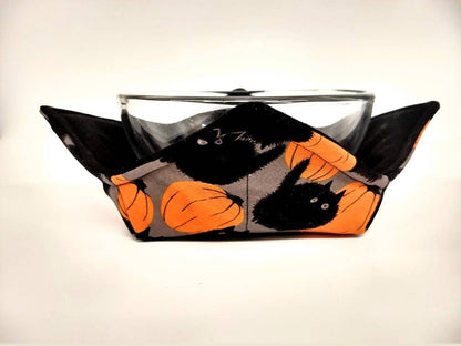 Bowl Cozy Microwave Safe Cotton Soup Hot Bowl Pot Holder in a Fuzzy Black Cat and Solid Black Fabric Print