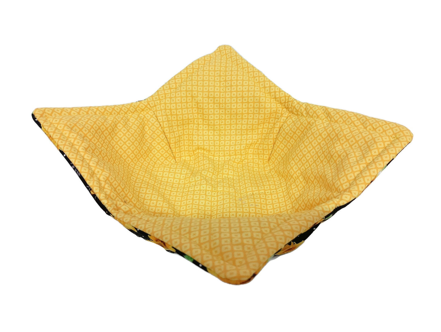 Bowl Cozy Microwave Safe Cotton Hot Soup Bowl Pot Holder in a Reversible  Black Sunflower and Yellow Hatched Fabric Print