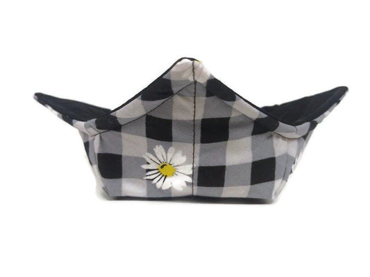 Bowl Cozy, Microwave Safe Cotton Soup Hot Bowl Pot Holder, Flower Lover Gift, House Warming Gift in a Plaid Daisy Fabric Print
