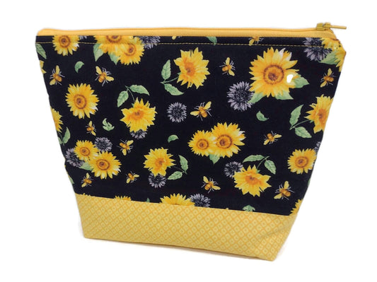 Zipper Bag for Travel or Cosmetics in a Black Sunflower fabric print by Sewuseful Studios