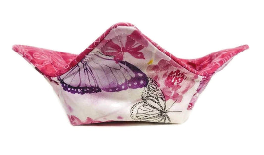 Bowl Cozy Microwave Safe Cotton Soup Hot Bowl Pot Holder in a Multicolored Pink Butterfly and Pink Dragonfly Outline Fabric Print