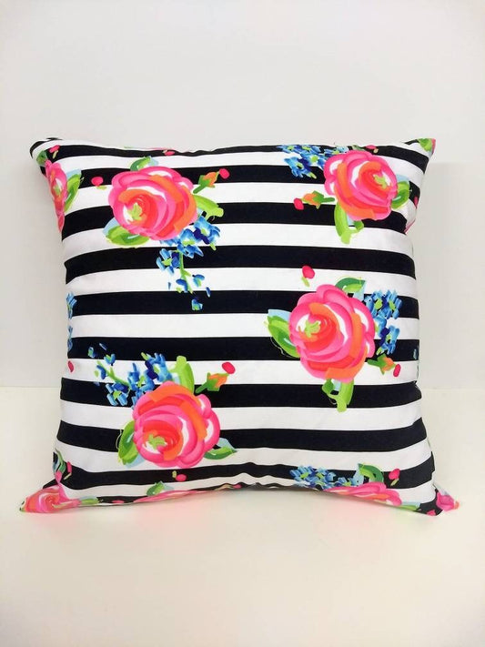 18 x 18 inch Black and White stripped rose throw pillow with invisible zipper
