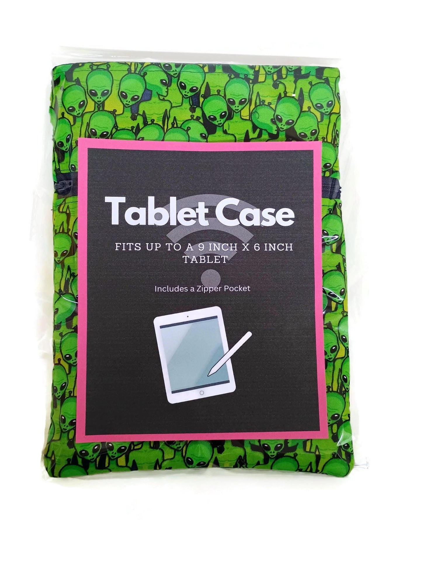 Tablet Sleeve case with Zipper Pocket in an Alien Fabric Print