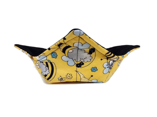 Bowl Cozy Microwave Safe Cotton Soup Hot Bowl Pot Holder in a Bee Gnome and Solid Black Fabric Print