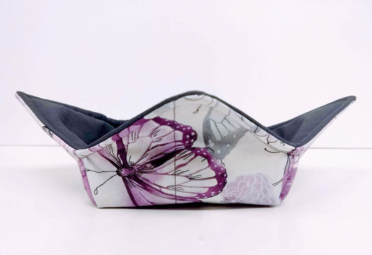 Bowl Cozy Microwave Safe Cotton Soup Hot Bowl Pot Holder in a Purple Butterfly and Solid Grey Fabric Print