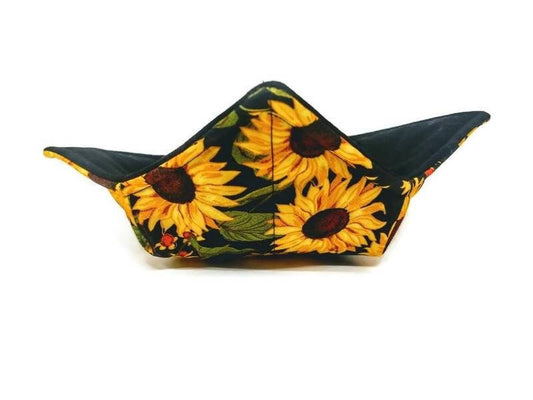 Bowl Cozy Microwave Safe Cotton Soup Hot Bowl Pot Holder in a Sunflower Garden and Black Fabric Print