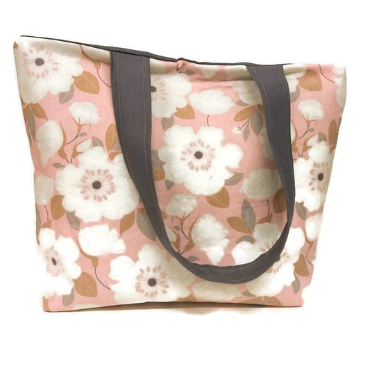 Light Pink and White Poppy  Beach Bag or Tote Bag with Pocket