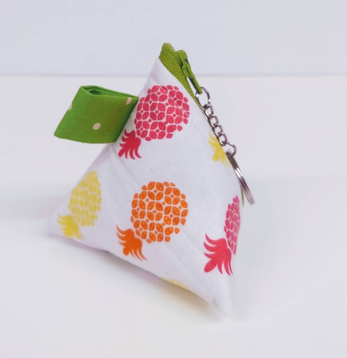 Multicolored Pineapple Pyramid Zippered coin purse with Key Ring and green polka dot lining